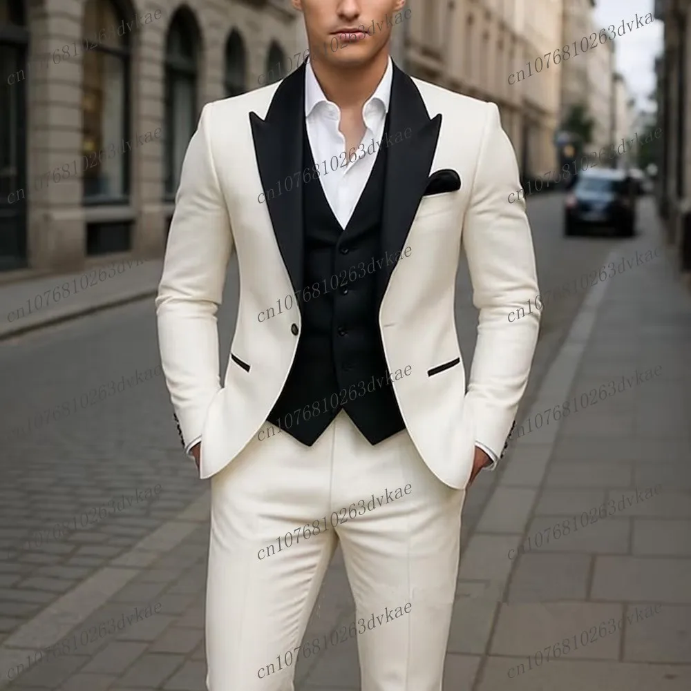 

White And Black Men Suit Wedding Party Formal Groom Groomsman Prom Business Male Tuxedos 3 Piece Set Jacket Vest Pants