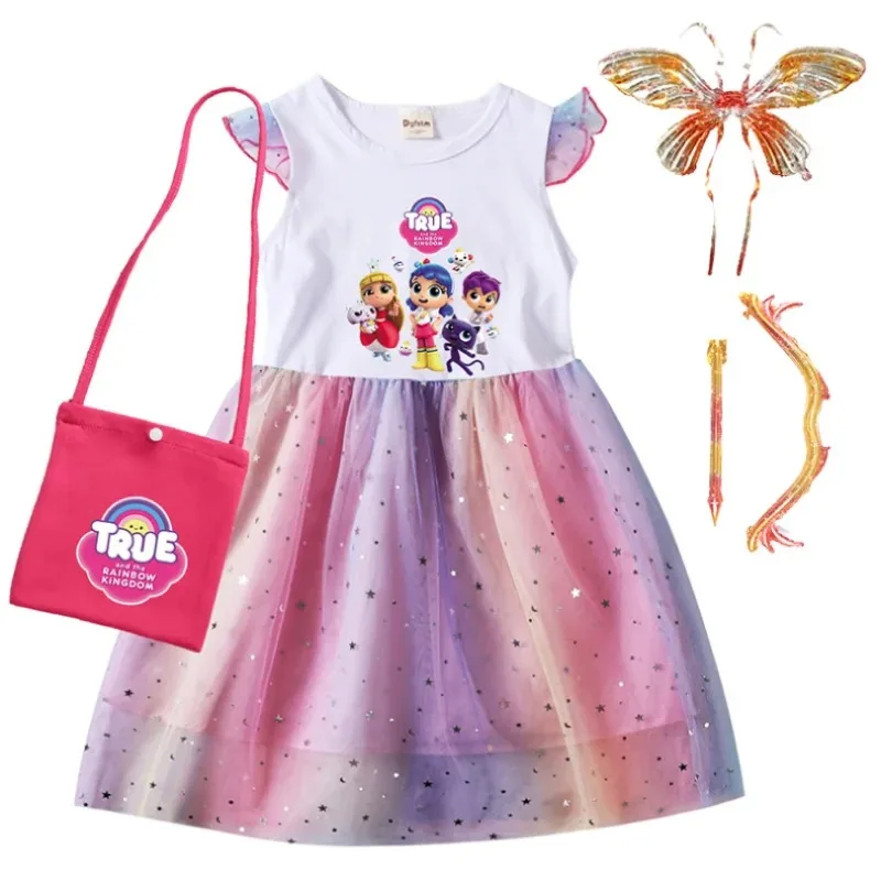 True Rainbow Princess Girls Dresses Cosplay Cute Dress Gauze Mesh Dress+bag with Wing Kids Casual Clothes Kids Gift