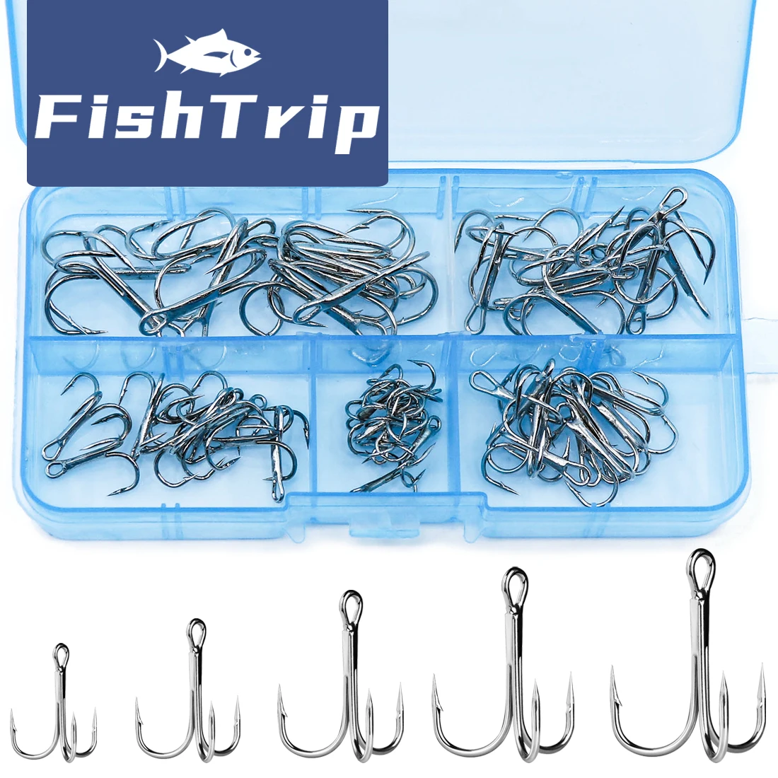 

FishTrip 2X Strong Treble Hook Set 50-150pcs Fishing Hook Lure Holder High Carbon Sharp Needle Salterwater Triple Hook Bass