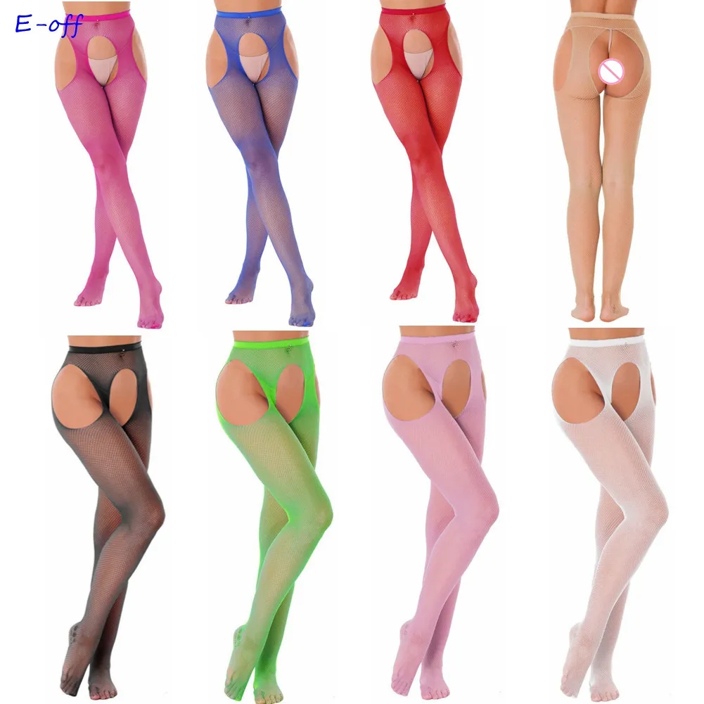 Women Sexy Solid Color Stretchy Leggings See Through Hollow Out Fishnet Stocking Lingerie Cutout Crotchless Tights Pantyhose