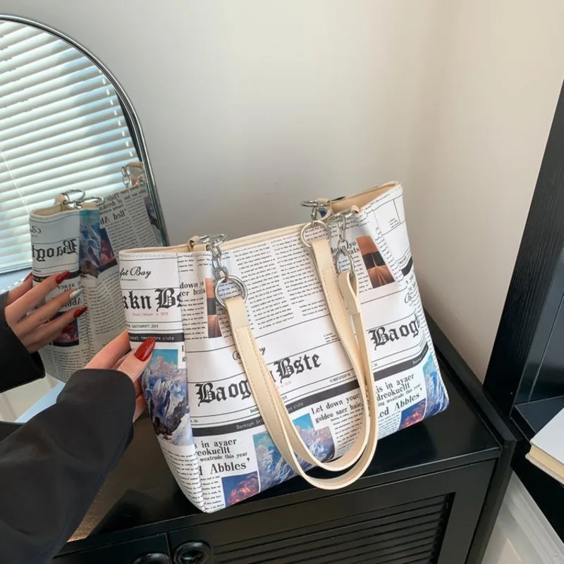Women's Tote Bag Single Shoulder Underarm Shopping Bag New Large Capacity Printed Newspaper Trendy Personality