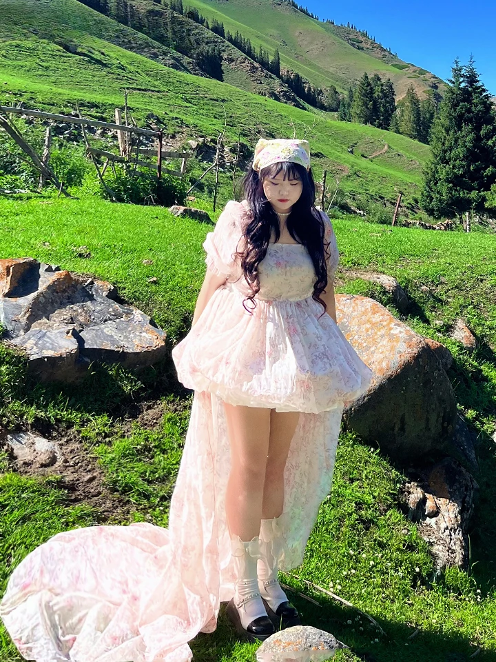 Big Size XL-3XL Detachable Long Tail Slim Dress Sweet Fluffy Women Dress Lantern Sleeves Plus Size Two Piece Dress Set Dresses