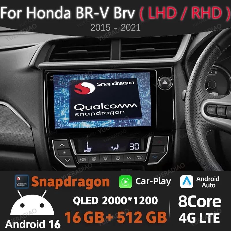 Radio para Auto Android 16 para Honda BR-V BRV 2015-2021, Reproductor Multimedia Estéreo, Unidad Principal 2DIN QLED Qualcomm GPS NAVI 4G WIFI