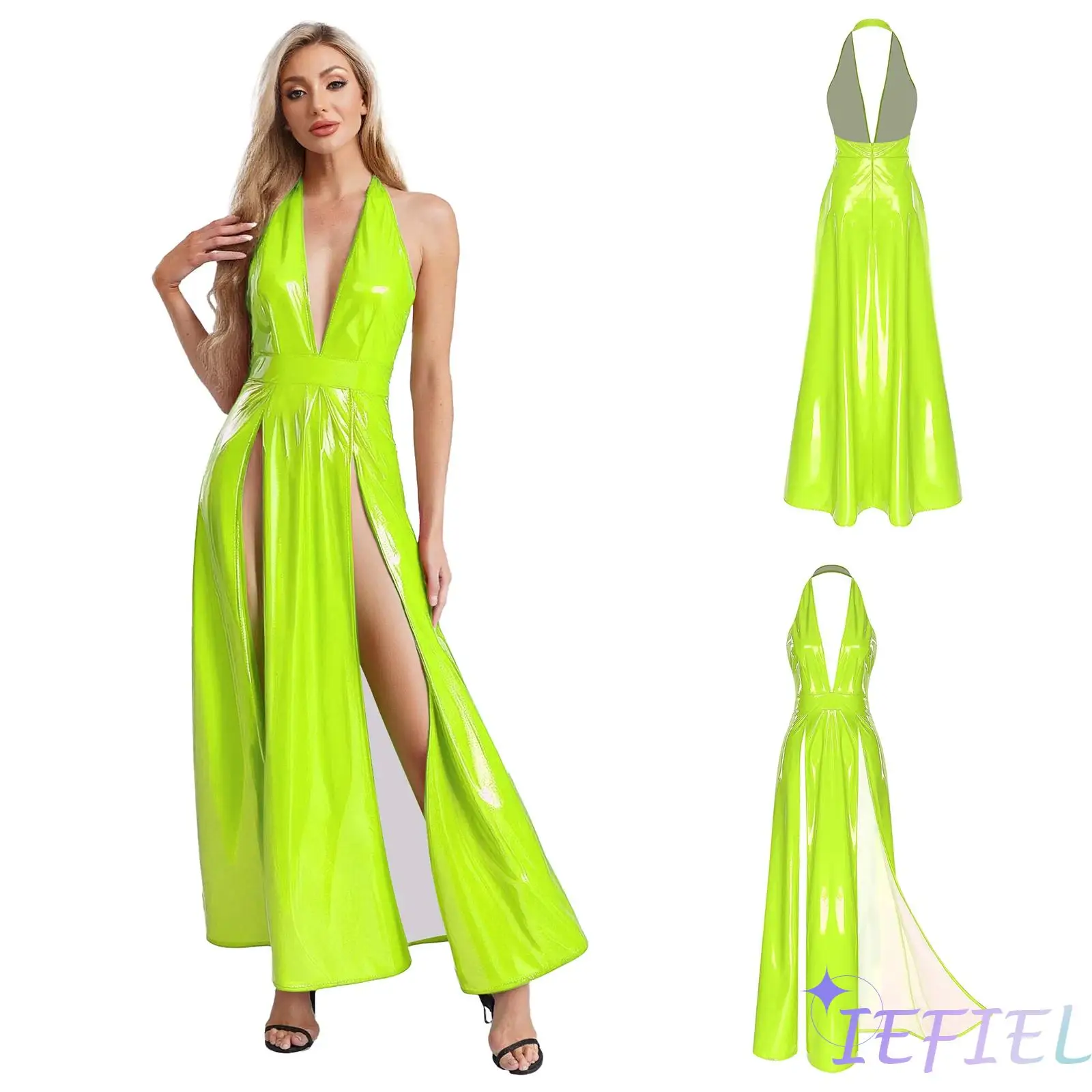 

Womens Glossy PU Sexy Maxi Dress Deep V Neck Halter Open Back High Waist High Split A-line Dress for Halloween Raves Party