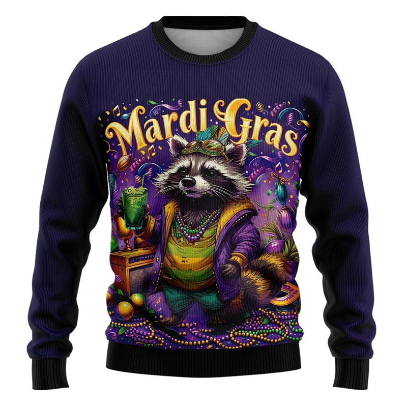 Funny Animals Graphic Ugly Mardi Gras Sweater Fashion Trend Long Sleeve Holiday 3D Printed Sweatshirt Loose Mens Pullovers Tops