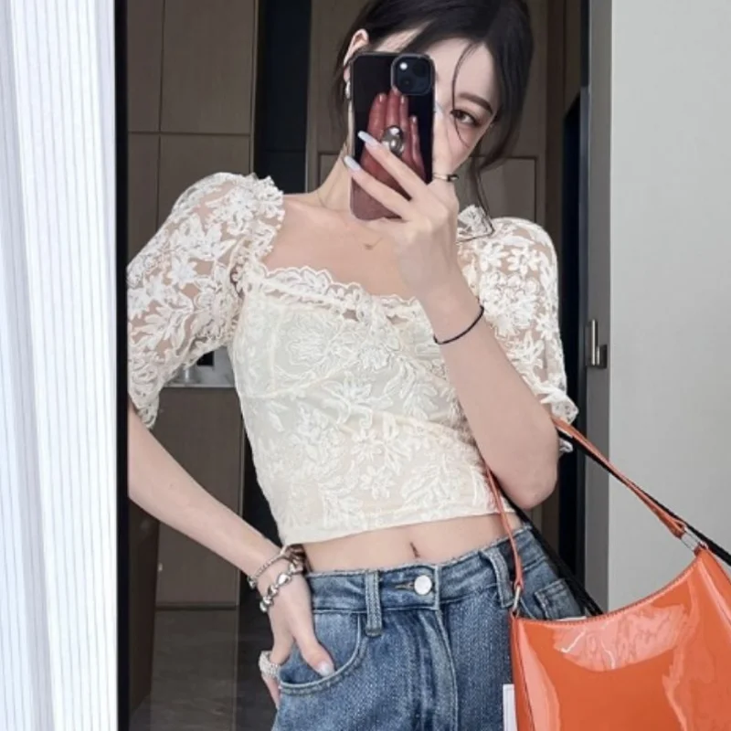 Embroidery Blouses Women Floral Vintage Puff Sleeve Temperament Summer Fashion Hotsweet Slim Crop Tops Female All-match Mature