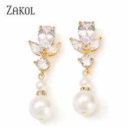 ZAKOL Brand Luxury Leaf Cubic Zirconia Imitation Pearl Drop Dangle Earrings Women Stylish Wedding Bridal Party Earring Jewelry