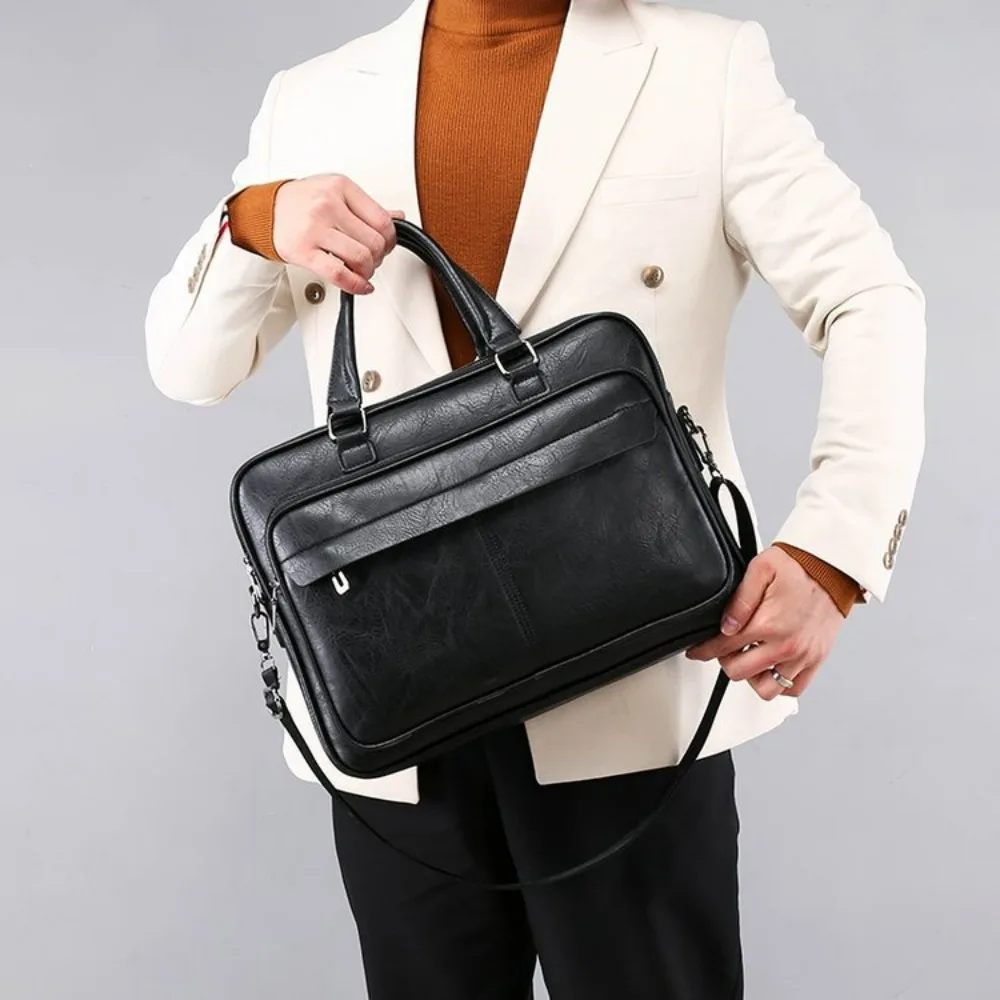 

Men Bussiness Bag Large Capacity Pu Leather Luxury Briefcases Tote Bolsas Black Waterproof Handbag Shoulder Crossbody Bags