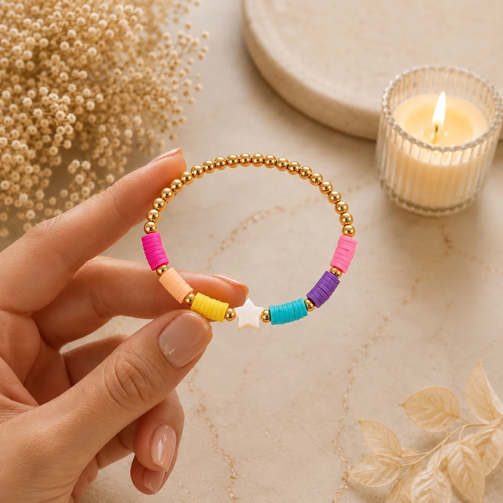 1pc Colorful Stacked Disc Bead Strand Bracelet with Golden Round Beads and White Star Charm Trendy Unisex Design Style
