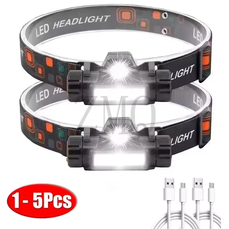 1-5PCS Portable Mini Powerful LED Headlamp XPE+COB USB Rechargeable Hunting Headlight Waterproof Head Torch with Tail Magnetic