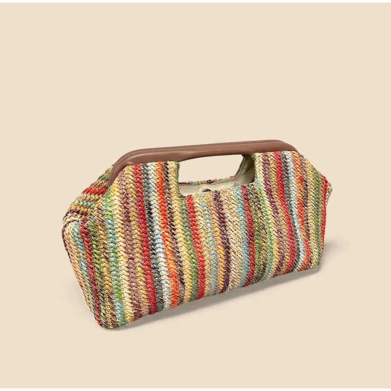Handtasche mit Obergriff, Clutch aus gewebtem Stroh, Hobo-Tasche in Ahornblatt-Farbblock-Design, Damen-Sommermode-Abendtasche mit Farbkontrast – Detail 4