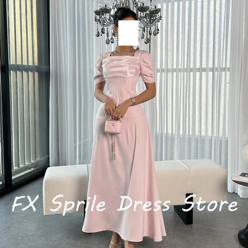 Square Neck Short Sleeves Lace Up Back A-Line Jersey Ankle Length Pleat Solid Color Elegant Evening Party Dress Custom Size 2024