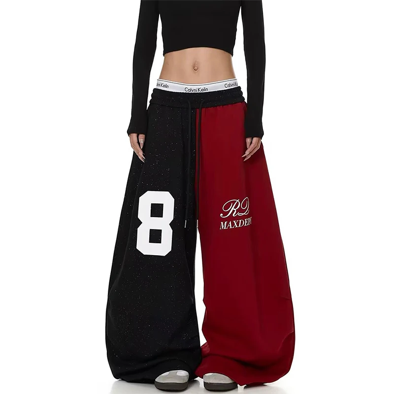 American Color Block Wide Leg Sweatpants Women's Digital Print Shiny Powder Draping Drawstring Trousers Casual Cotton Blend