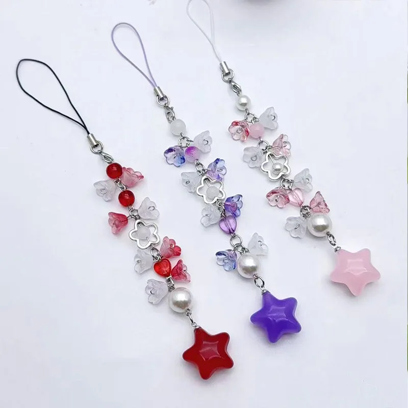 Original Y2k Handmade Flower Glass Beaded Star Pendant Keychain Charms Cute Sweet Aesthetic Phone Bag Decoration Gift For Woman