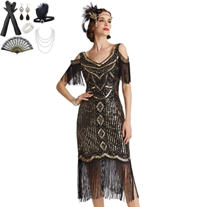 Women 1920s Sexy Bare Shoulder Bling Fancy Dress Roaring 20s Embroidery Beaded Great Gatsby Club Halloween Party Evening Costume