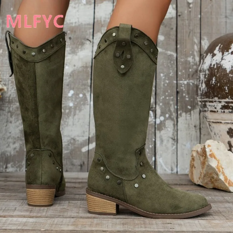 Large size autumn and winter side zipper women's boots with rivets mid heel high tube long tube boots