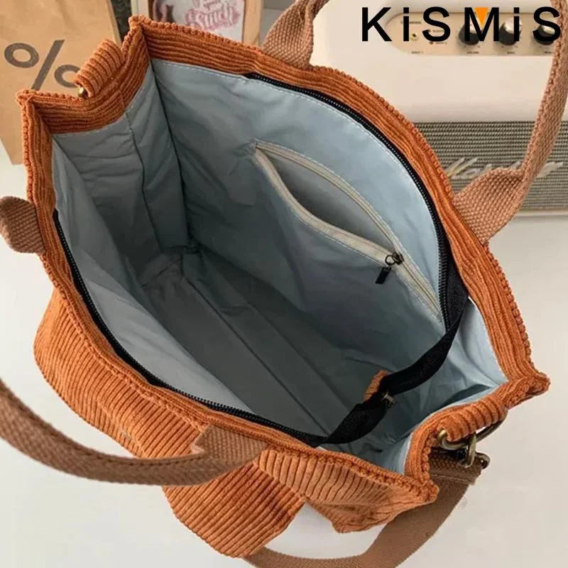 KISMIS 1Pc Women Corduroy Tote Ladies Casual Shoulder Bag Foldable Reusable Shopping Beach Bag Canvas Bags Handbag