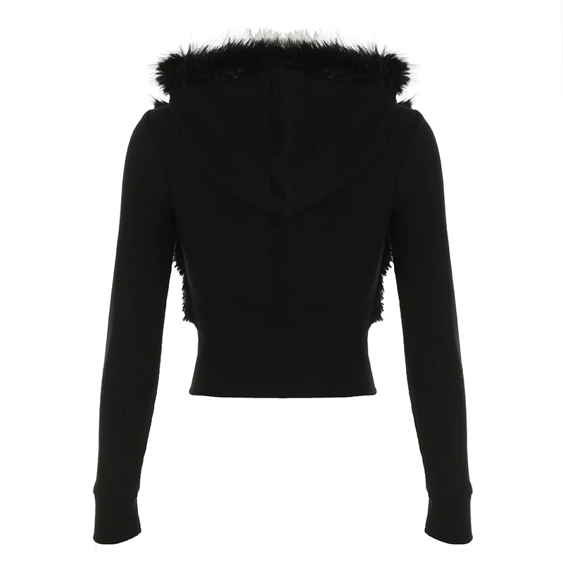 CIBBAR Black Furry Stitching Hoodies Autumn Winter Full Sleeve Zip Up Hooded Sweatshirts for Women y2k Slim-fitting Crop Hoodie