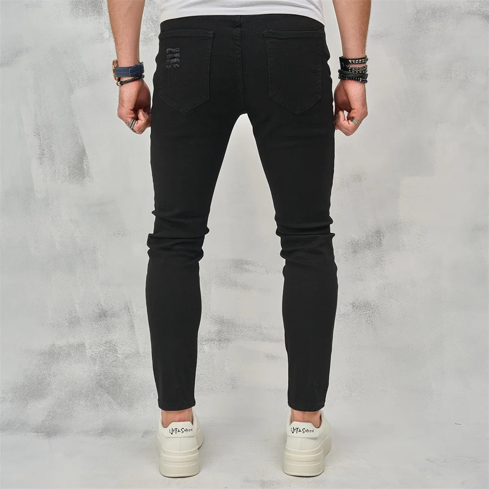 Men High Street Ripped Hip Hop Stylish Skinny Jeans Male Trousers High Quality Holes Casual Cotton Pencil Denim Pants