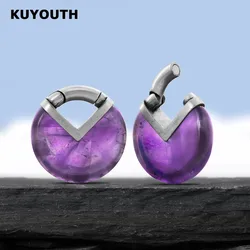 KUYOUTH 1Pair Amethyst Stone round Ear Weight Hang Gauges Copper Magnet Earring Piercing Jewelry Expanders Ears Stretchers