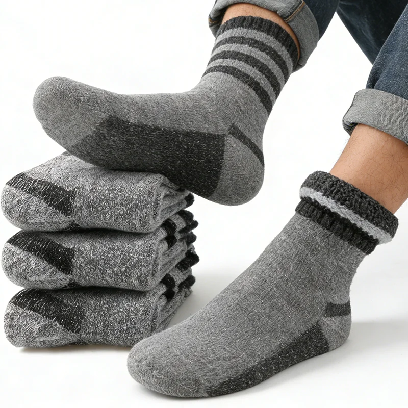 1/3 Paar gestreifte Kaschmir-Socken für Herren, Winter, lässig, ultradick, Frottee-Thermo-Crew-Socken, hochwertige, flauschige Mid-Tube-Socken für Damen