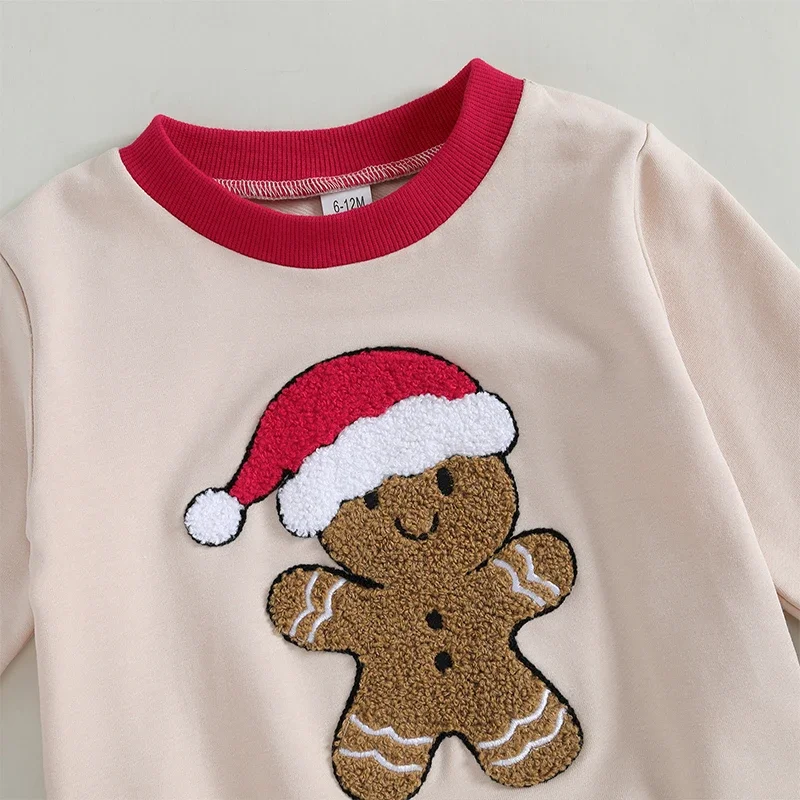 Toddler Kids Baby Boys Christmas Clothes Sets Gingerbread Man Embroidery Long Sleeve Sweatshirts Long Pants Xmas Outfits