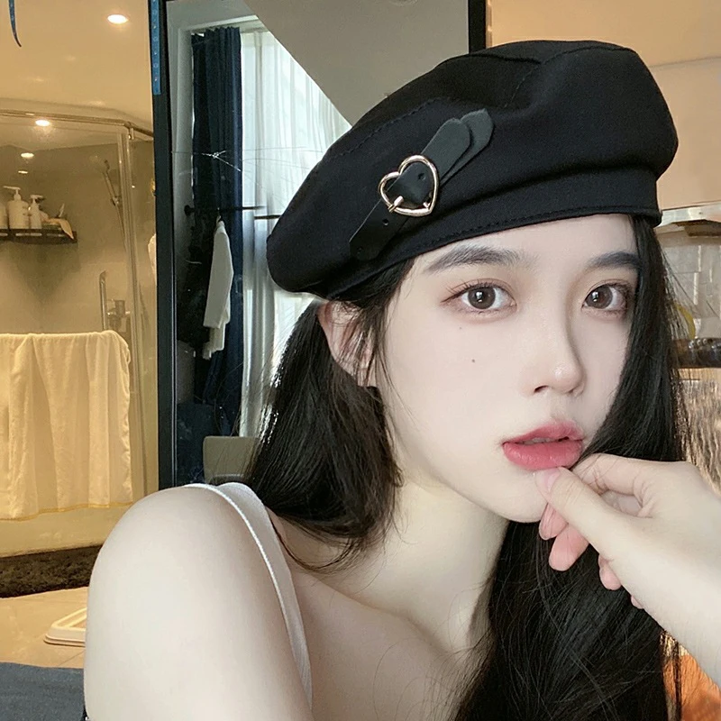 New Metal Love Heart Buckle Black Berets Autumn Winter Warm Hip Hop Hats Vintage Elegant Women Girls Decorative Cap