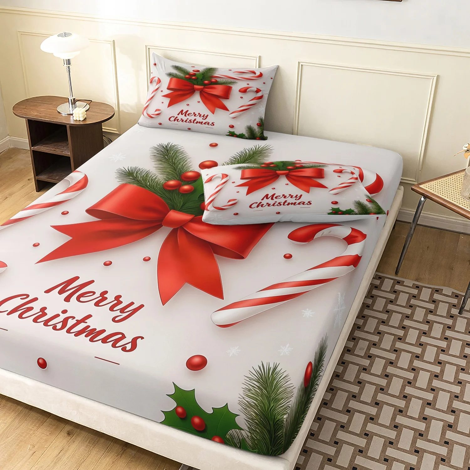 3pcs Classic Merry Christmas Fitted Sheet Set, Large Red Bow Candy Canes and Holly Pine Leaves Festive Holiday Bedding