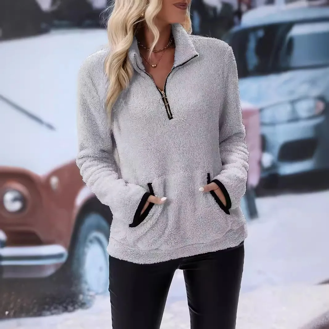 Hoodies women 2026 casual semi-zipper long sleeve double pocket srping autumn plush sweatshirt women's clothing