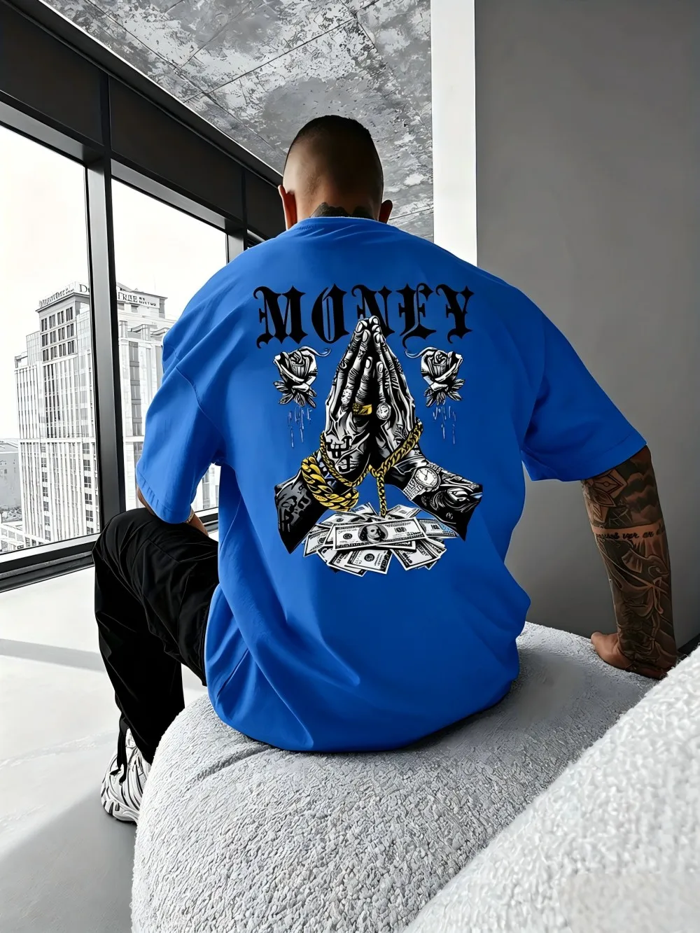 European and American Men's Summer Creative Wealth Letter Print Soft and Breathable Round Neck T-Shirt Outdoor Street Top
