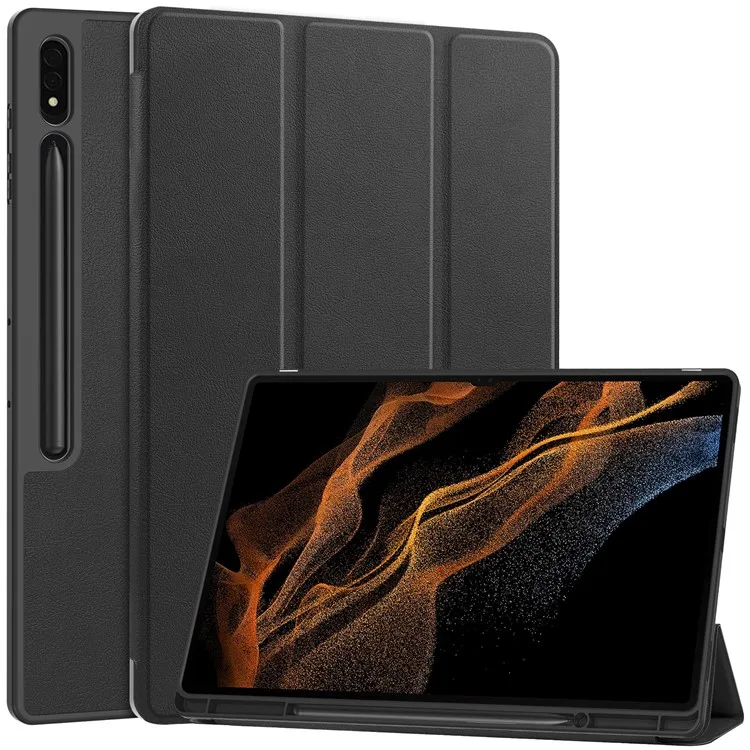 

For Samsung Galaxy Tab S10 Ultra Stand Case Shock-Absorbent Leather Tablet Cover with Pen Slot - Black