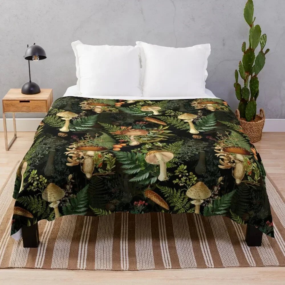 

Vintage toxic mushrooms forest pattern on black Throw Blanket Decorative Soft Throw Blanket for Couch Sofa