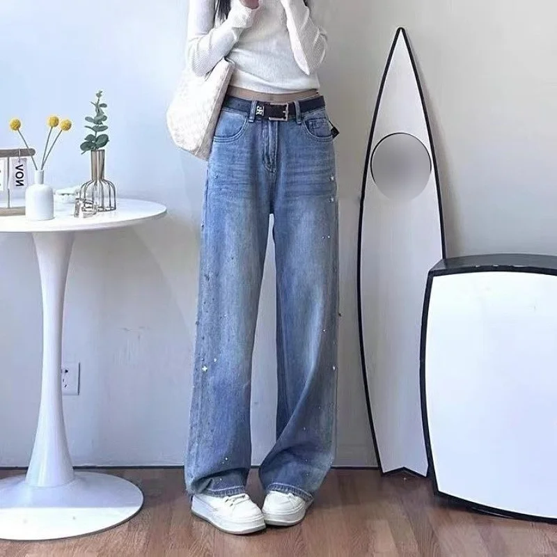 กางเกงยีนส์ทรงตรงเอวสูง ทรงเข้ารูป แฟชั่นใหม่ล่าสุด ฤดูใบไม้ผลิ สีฟ้า ใช้งานได้หลากหลาย ทรงตรงเอวสูง P...