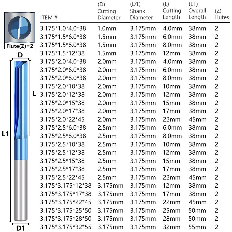 Fresa de extremo 2 fresadora recta de 3.175mm 1/8 pulgadas fresa CNC broca para madera MDF de carburo de plástico fresadora de extremo