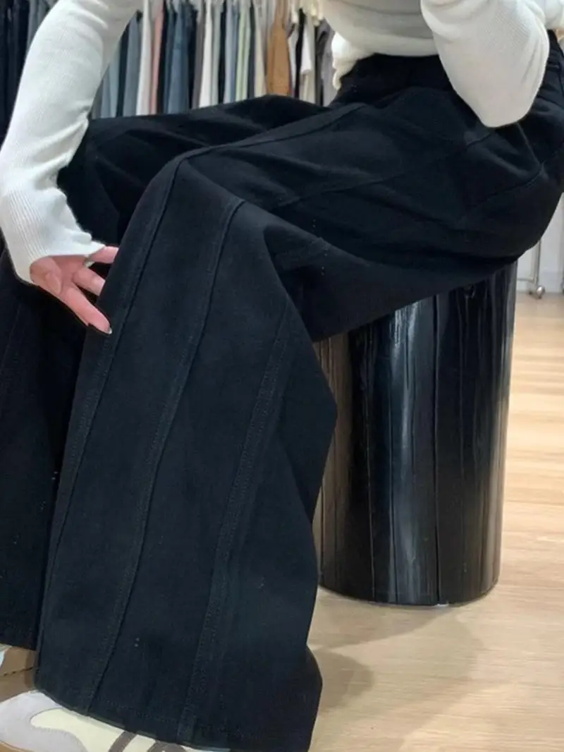 

Свободные комфортные женские джинсы на флисовой подкладке, широкие штанины, высокая талия, черные, осенне-зимние, больших размеров, повседневные, уличный стиль