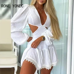 Women Elegant Dress Lace Trim Cutout Puff Sleeve Plunge  V Neck Casual Vacation Dress 2021