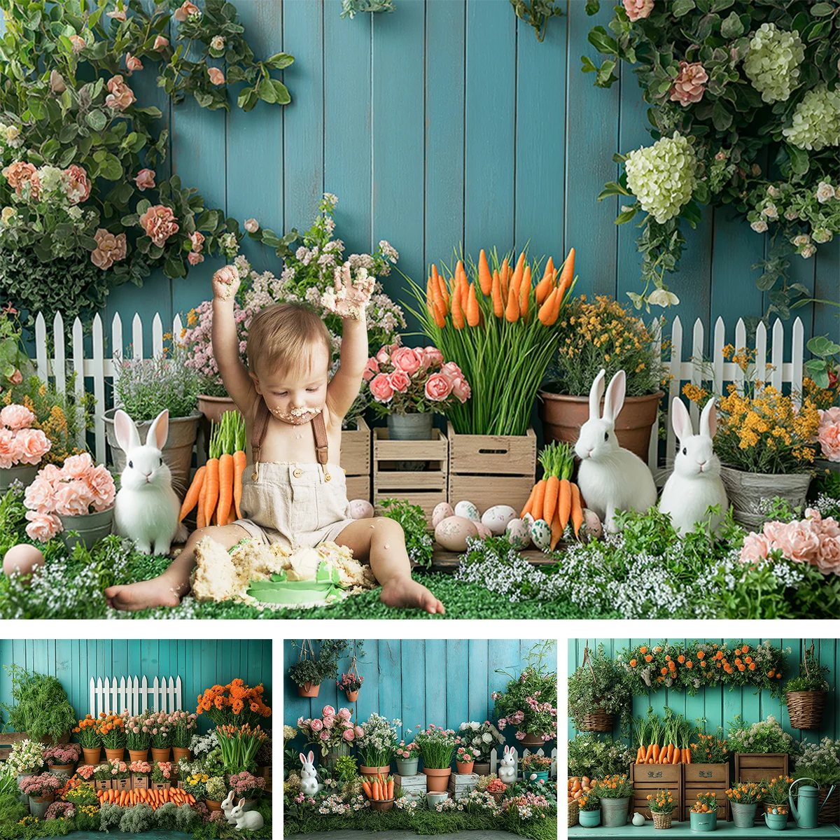 Easter Bunnies Carrots Farm Backdrops Kids Baby Birthday Cake Smash Photocall Spring Garden Jungle Props Backgrounds