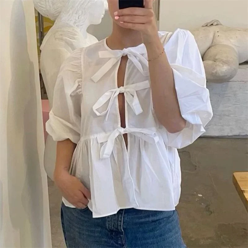 Elegant Stripe Print Bow Lace Up Puff Sleeve Blouse Women Casual Loose O Neck Tops Shirt Fashion New Female Commute Streetwear