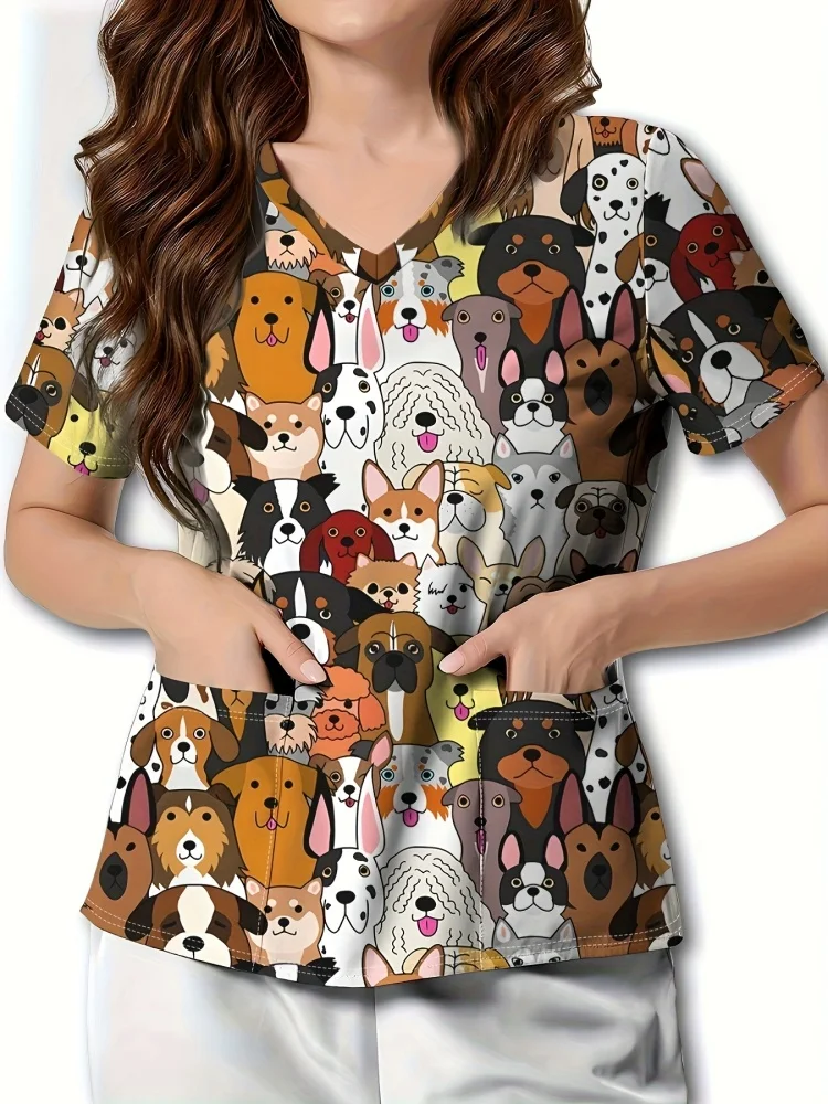 Uniforms Women Medical Fashion Floral Print V-Neck Obstetrics Nursing Tops Short Sleeves with Pockets Clinical Uniforms Woman