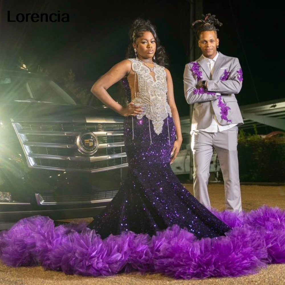 Customized Purple Ruffles Sequins Mermaid Prom Dress Beading Rhinestone For Black Girls Tassel Birthday Party Gown YPD171
