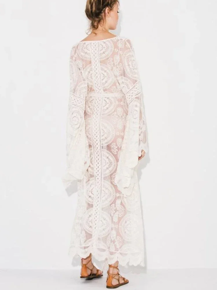 New Lace Bikini Cover-Ups Women Beach Cover Up Flare Sleeve See Through Lace Up V-Neck Dress Summer Fashion Holiday Beachwear