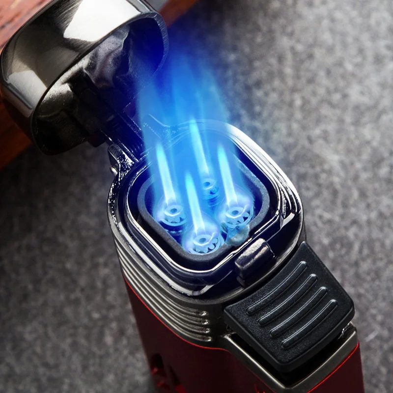 ولاعة سيجار محمولة ذات شحن مباشر بأربعة لهب مع جسم معدني وسيجار ألماس خارجي مقاوم للرياح ولاعة رائعة #3
