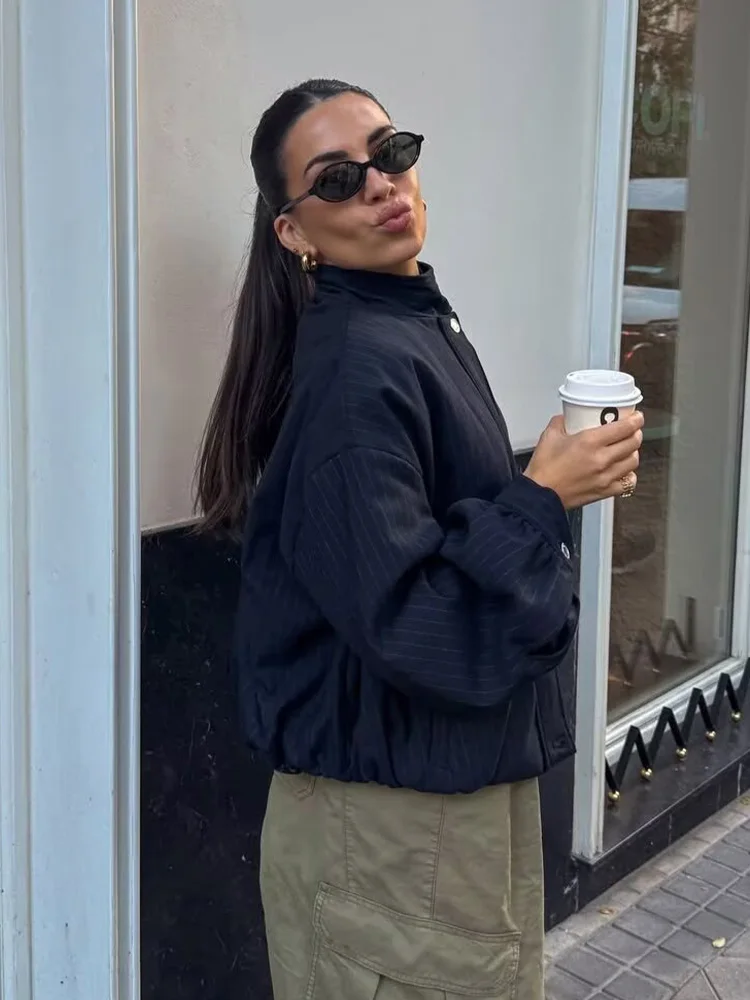 

HH женская модная универсальная куртка-бомбер с карманами на молнии и воротником-стойкой, женская повседневная куртка-бомбер с длинными рукавами в тонкую полоску на пуговицах