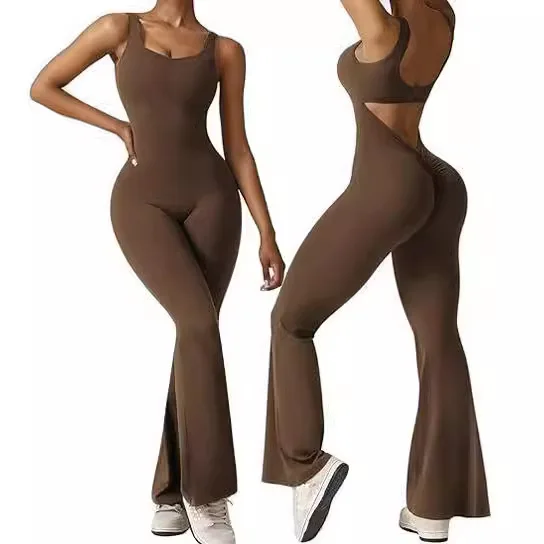 Women's Sexy Hottie Style Slim Backless Pleated Jumpsuits One-piece Suit Sports Fitness Yoga Bodycon Sleeveless Jumpsuit Female