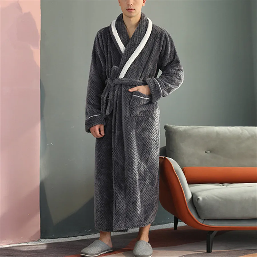 Autumn Winter Men Bath Robe Thick Warm Flannel Long Bathrobe Men\'s Comfortable Robes Kimono Sleepwear Homewear Dressing Gown