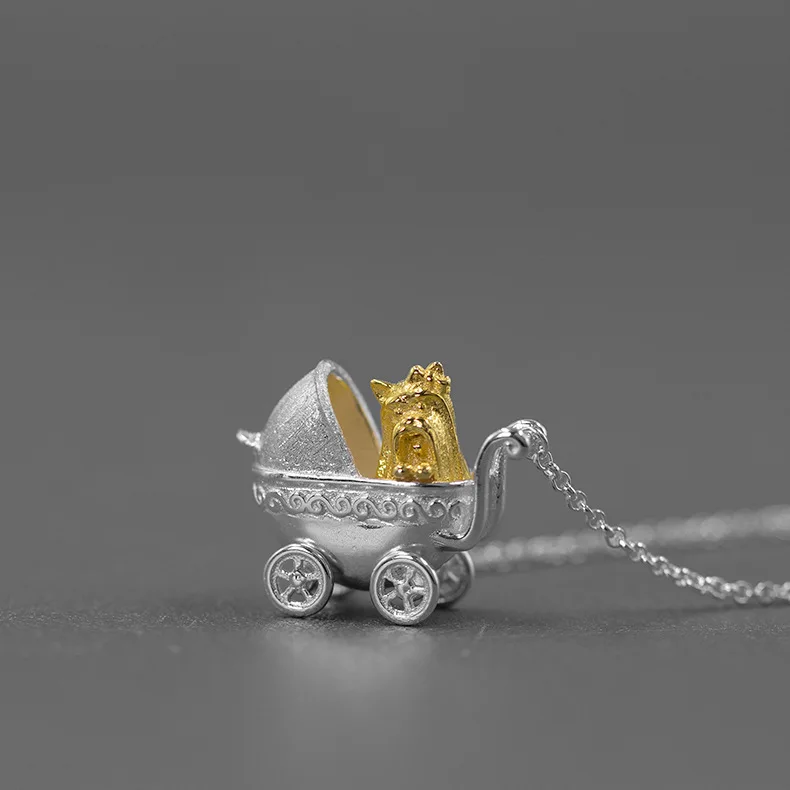 

N Lost Yorkshire Sterling Silver Cute Puppy Baby Stroller Shoveler Big Love Necklace