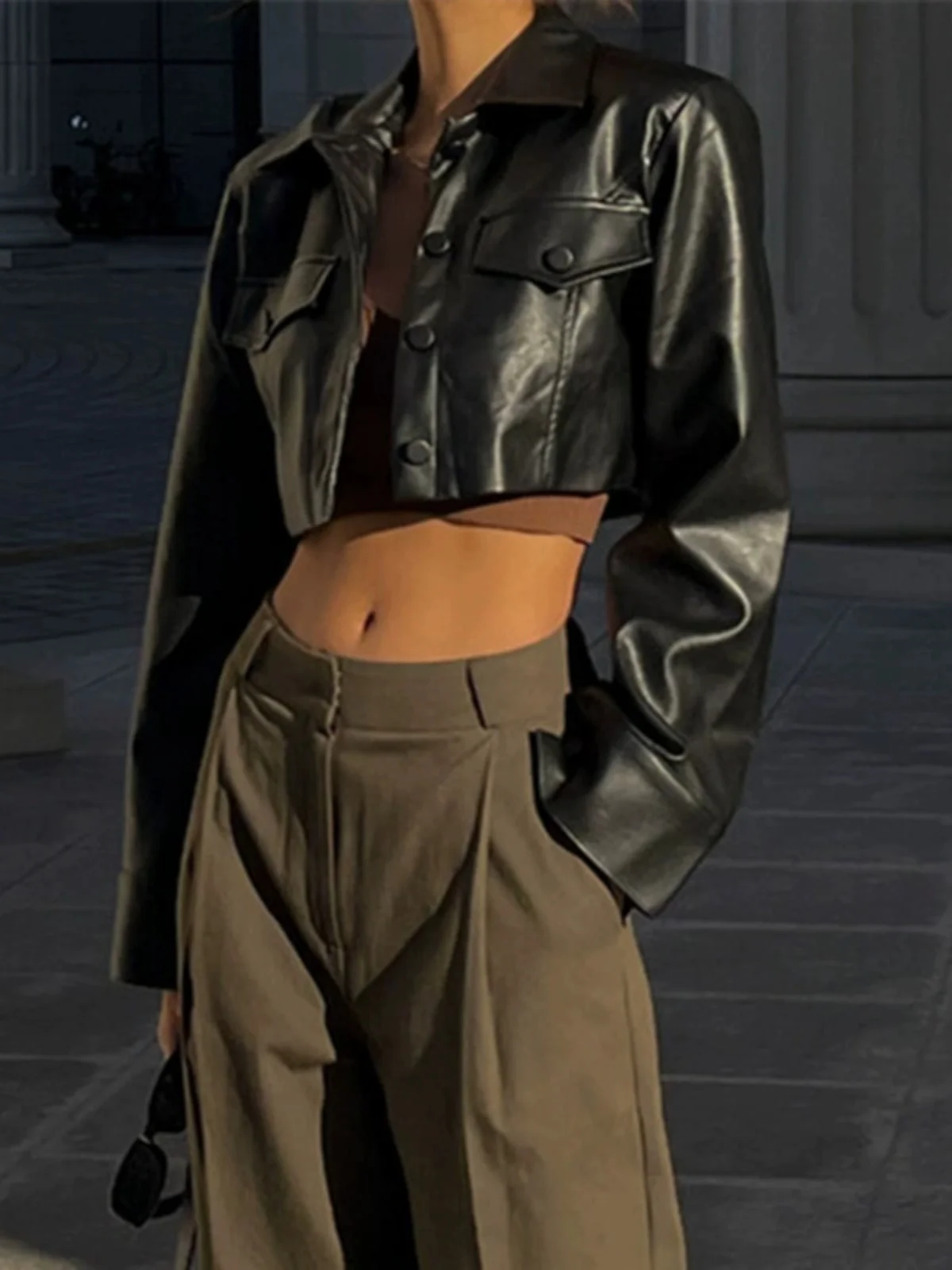 Kurtka motocyklowa Street Sle ze skóry PU, wiatrówka, krótka, dopasowana, długa, damska, modna, na wiosnę.