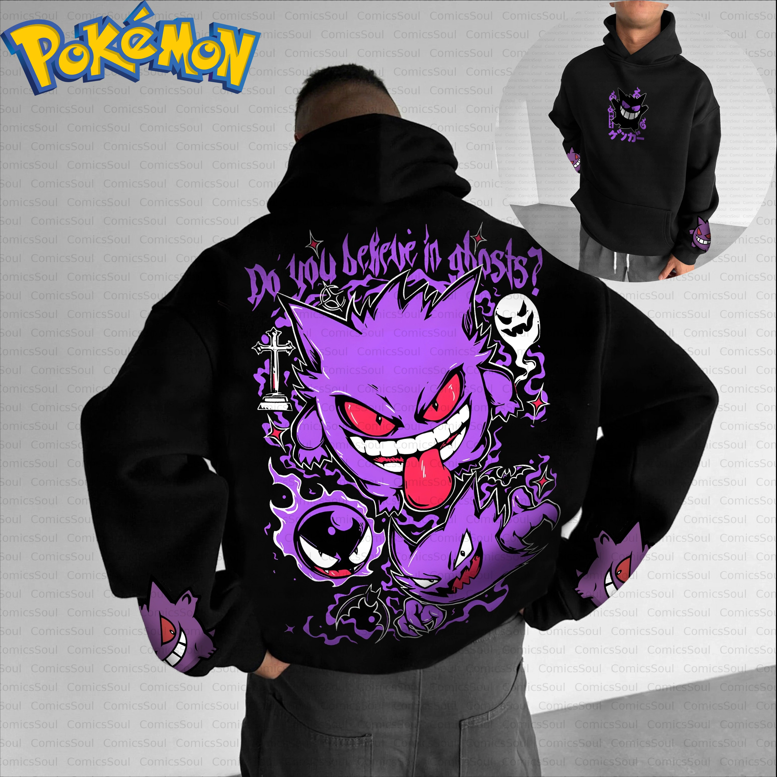 Conjunto de moletom com capuz Pokémon de algodão preto e calças Harajuku com estampa traseira Gengar roxo fantasma design olhos vermelhos e detalhes de língua