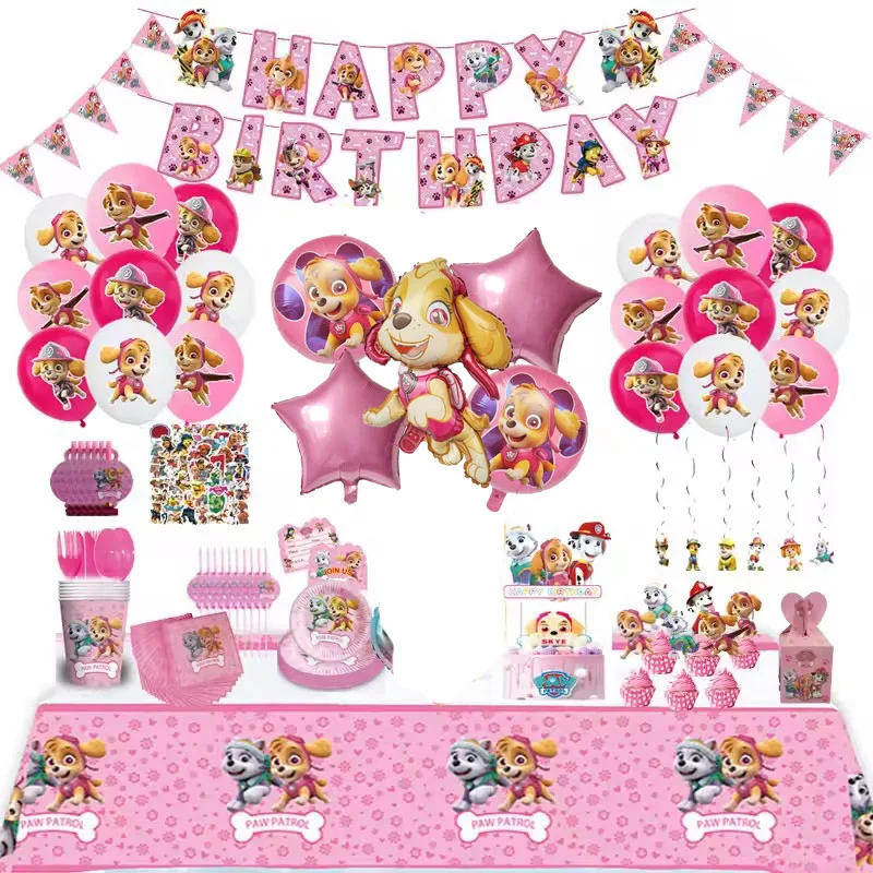 Paw Patrol Skye Birthday Party Banquet Supplies Paper Plate Tablecloth Flag Knife Fork Spoon Banner Set Kids Birthday Party