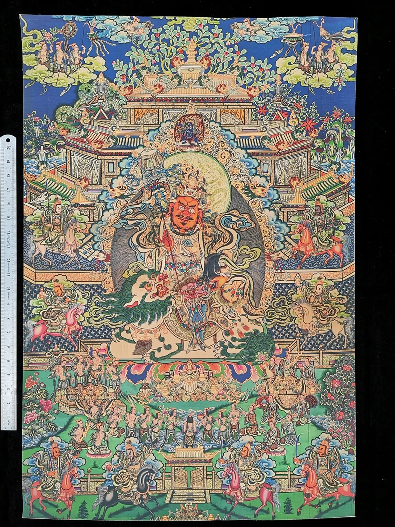 

YIZHU CULTUER ART Size 35 Inch Chinese Tibet Buddhism Silk paper sit lion Treasure star god of wealth Thangka painting Mural